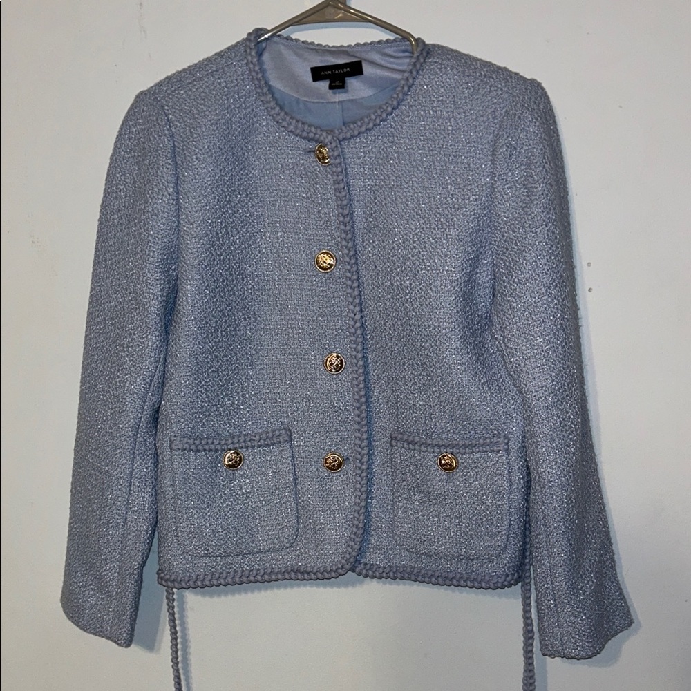 Ann Taylor Light Blue Tweed Blazer with Gold Buttons